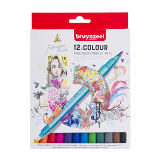 Сет фајнлајнери/брашпенс - двостран, Bruynzeel, Fineliner/brush pen set, 12 бои 