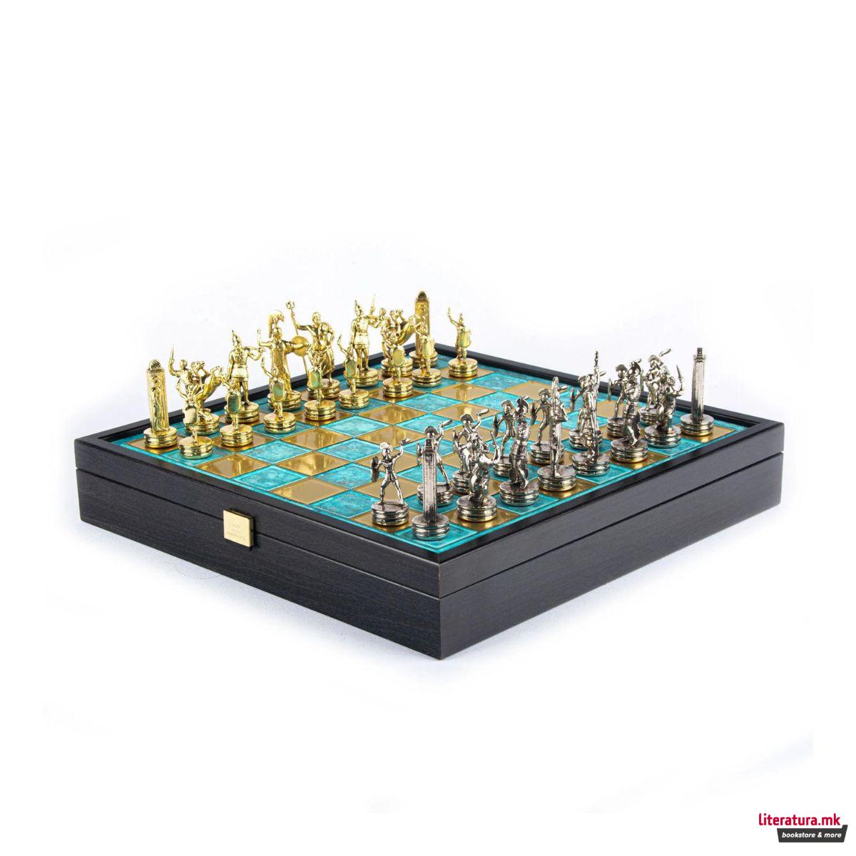 Сет за шах во дрвена кутија, Greek Mythology Chess Set – Gold & Silver, тиркизен 