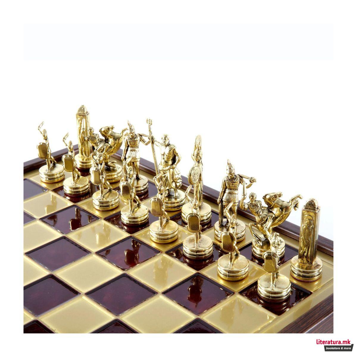 Сет за шах во дрвена кутија, Greek Mythology Chess Set, црвен, среден 