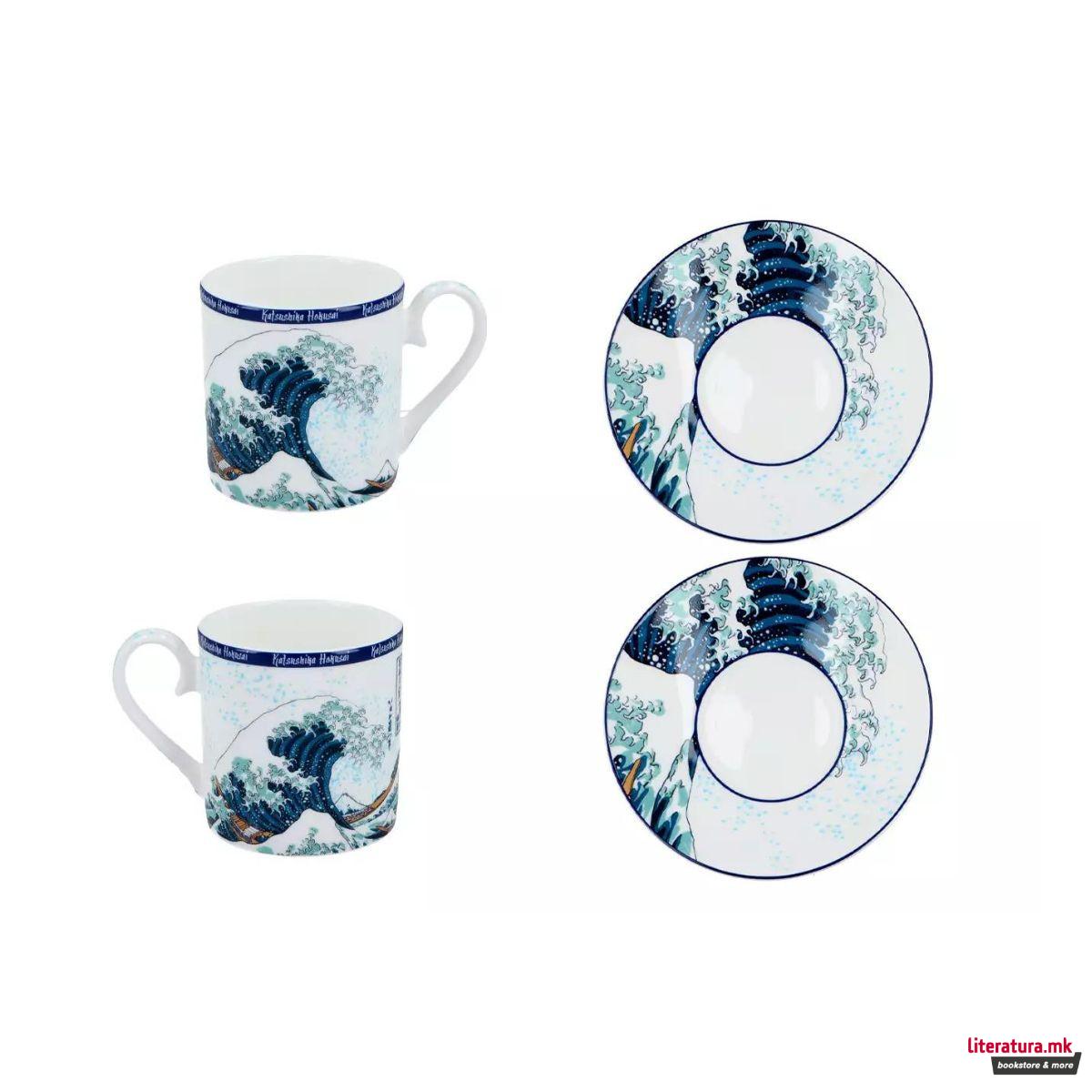 Сет од 2 шолји за еспресо со тацни, Hokusai - The Great Wave of Kanagawa, 100ml 