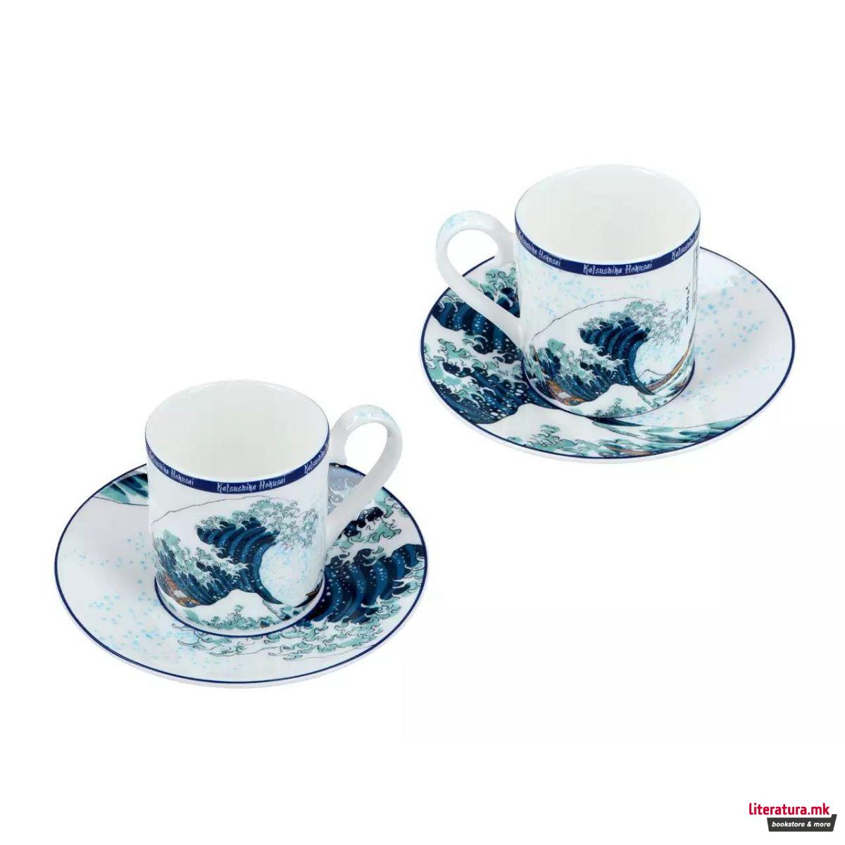 Сет од 2 шолји за еспресо со тацни, Hokusai - The Great Wave of Kanagawa, 100ml 