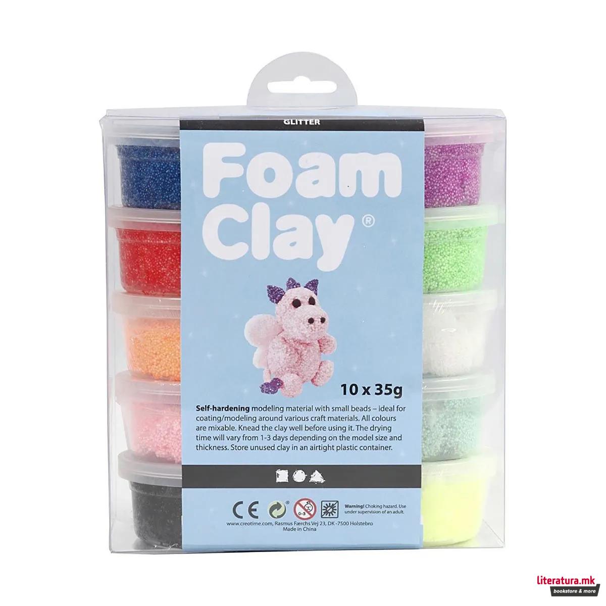 Сет глина за изработка - глитер, Foam Clay® - glitter, 10 бои x 40g 